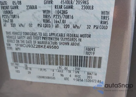 2008 Ford Escape Xlt из США, поврежденный, VIN 1FMCU93Z28KE49580